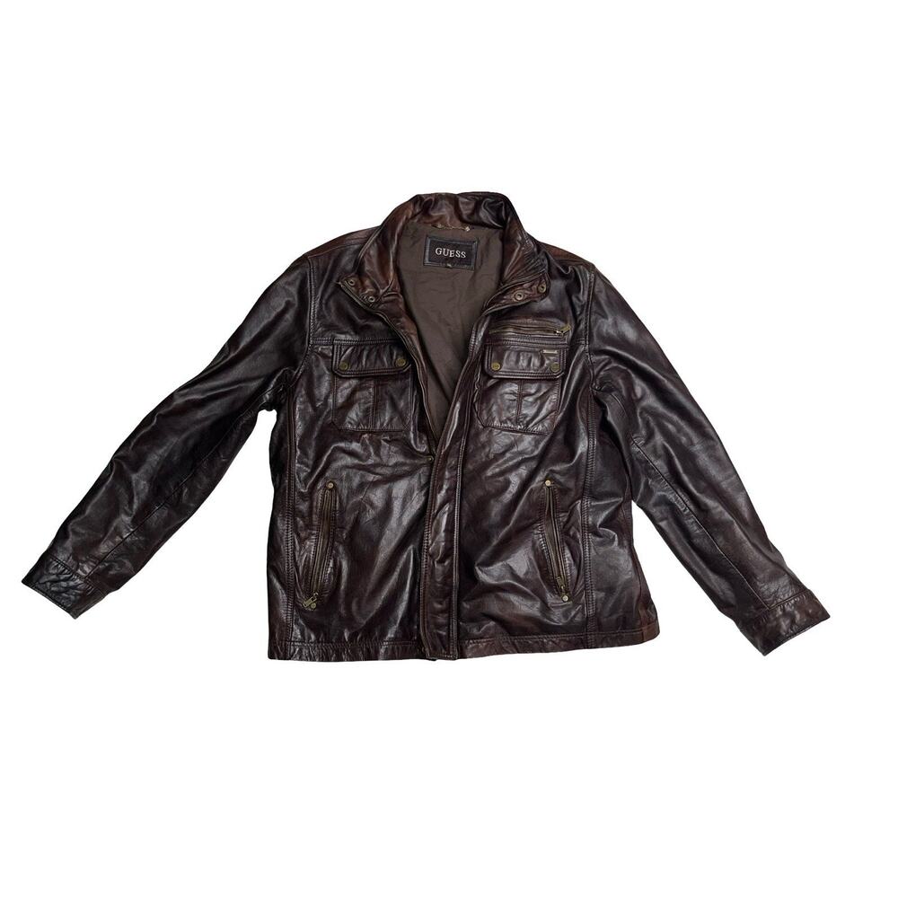 Guess Genuine Leather Moto Jacket Men’s XXL Brown Zip Up Pockets Vintage Style
